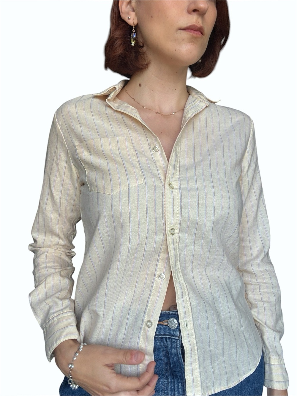 Vintage Hudson’s Bay Pastel Yellow Pinstripe Button Down Shirt | Fits S-XS
